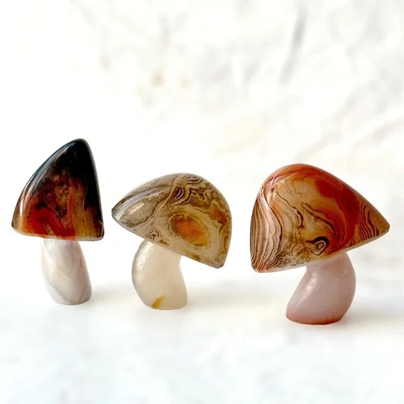 Banded Agate SET Artisan Hand Carved Luminous Mushroom Crystal Trio UNIQUE Accents